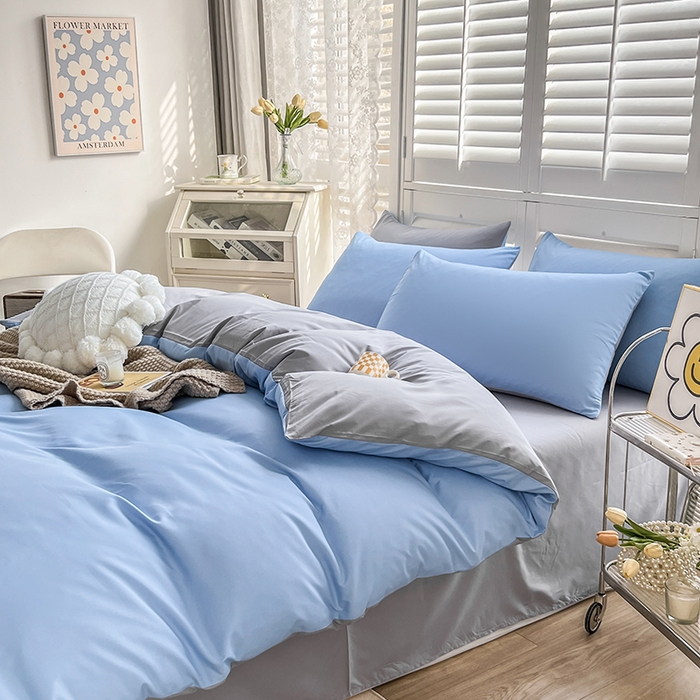 91家纺网 家纺一手货源 找家纺 啊雅家居 2025新款学生宿舍双拼磨毛被套床单床笠单品三件套四件套 天空兰加浅灰