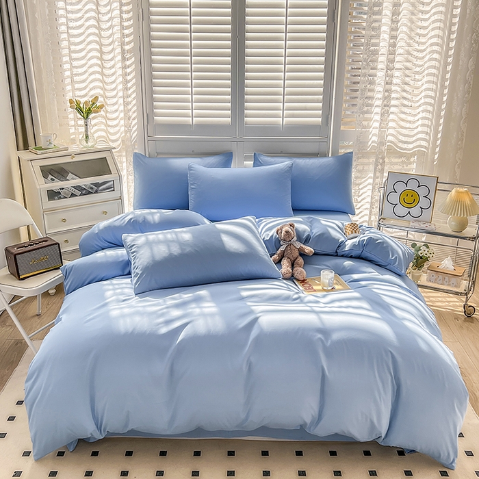 91家纺网 家纺一手货源 找家纺 啊雅家居 2025新款学生宿舍双拼磨毛被套床单床笠单品三件套四件套 天空兰