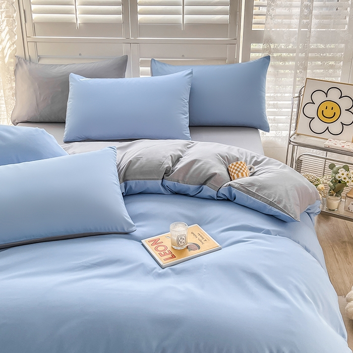 91家纺网 家纺一手货源 找家纺 啊雅家居 2025新款学生宿舍双拼磨毛被套床单床笠单品三件套四件套 天空兰加浅灰