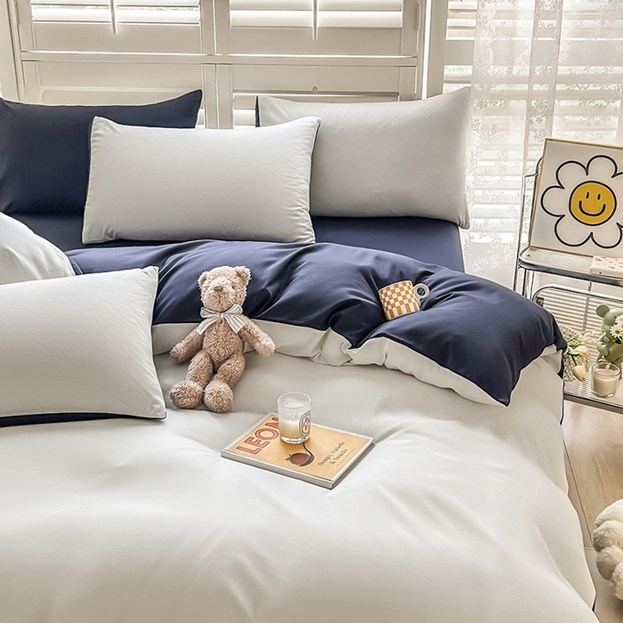 91家纺网 家纺一手货源 找家纺 啊雅家居 2025新款学生宿舍双拼磨毛被套床单床笠单品三件套四件套 白加藏青