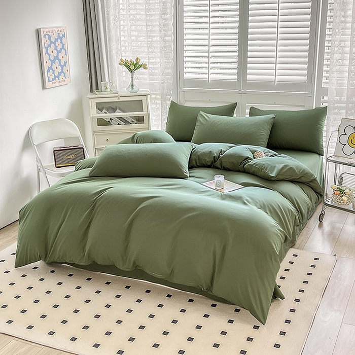 91家纺网 家纺一手货源 找家纺 啊雅家居 2025新款学生宿舍双拼磨毛被套床单床笠单品三件套四件套 草绿