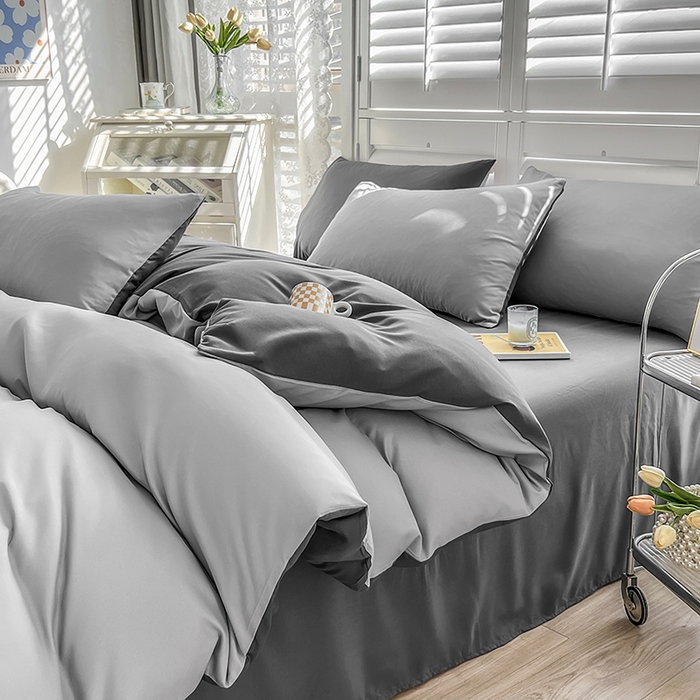 91家纺网 家纺一手货源 找家纺 啊雅家居 2025新款学生宿舍双拼磨毛被套床单床笠单品三件套四件套 浅灰加深灰