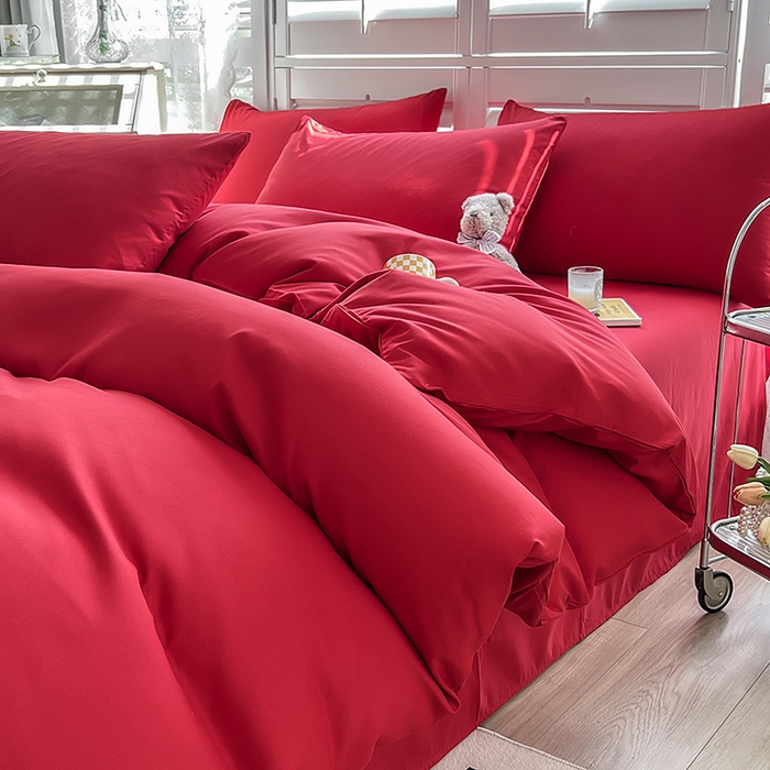 91家纺网 家纺一手货源 找家纺 啊雅家居 2025新款学生宿舍双拼磨毛被套床单床笠单品三件套四件套 红色