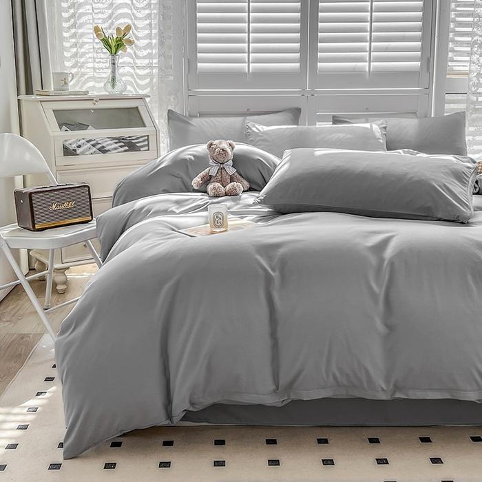 91家纺网 家纺一手货源 找家纺 啊雅家居 2025新款学生宿舍双拼磨毛被套床单床笠单品三件套四件套 浅灰