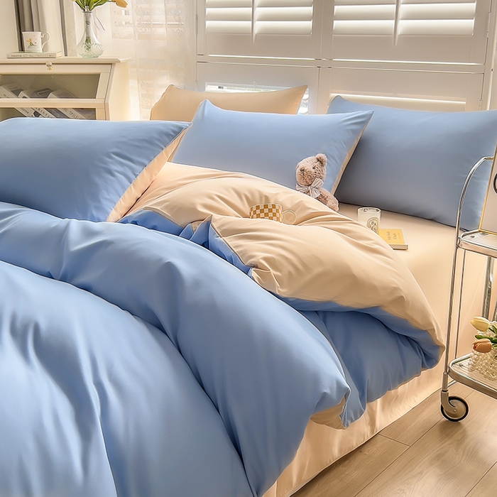 91家纺网 家纺一手货源 找家纺 啊雅家居 2025新款学生宿舍双拼磨毛被套床单床笠单品三件套四件套 天空兰加黄