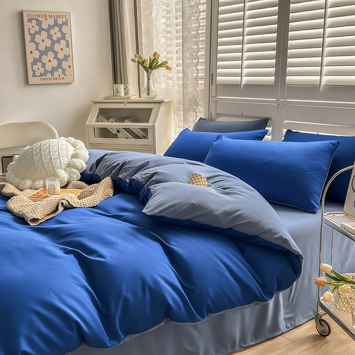 91家纺网 家纺一手货源 找家纺 啊雅家居 2025新款学生宿舍双拼磨毛被套床单床笠单品三件套四件套 克莱因蓝加浅蓝灰