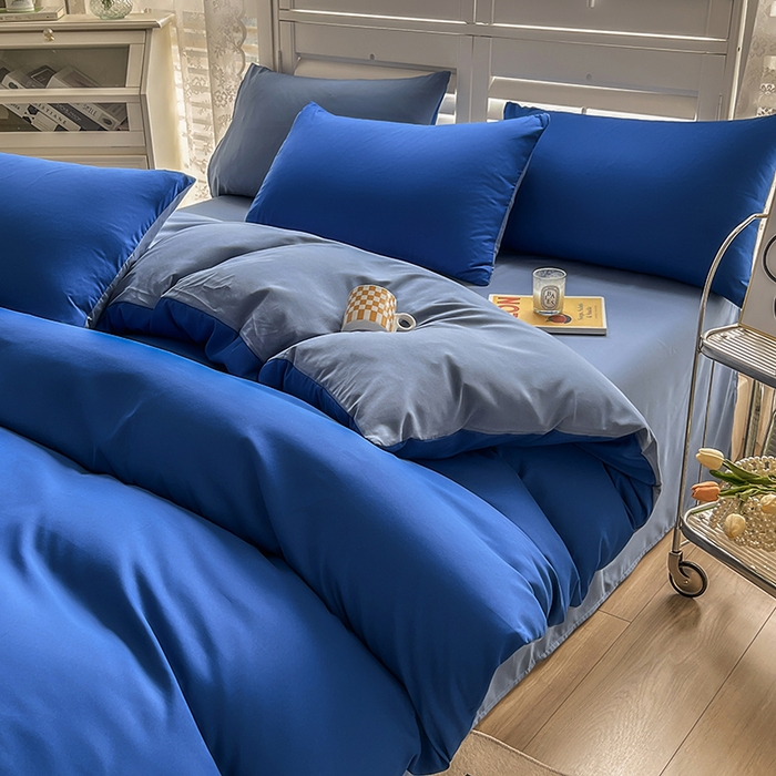 91家纺网 家纺一手货源 找家纺 啊雅家居 2025新款学生宿舍双拼磨毛被套床单床笠单品三件套四件套 克莱因蓝加浅蓝灰