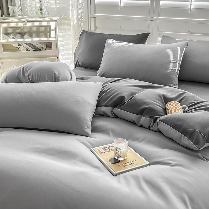 91家纺网 家纺一手货源 找家纺 啊雅家居 2025新款学生宿舍双拼磨毛被套床单床笠单品三件套四件套 浅灰加深灰