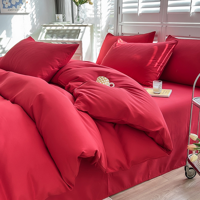 91家纺网 家纺一手货源 找家纺 啊雅家居 2025新款学生宿舍双拼磨毛被套床单床笠单品三件套四件套 红色