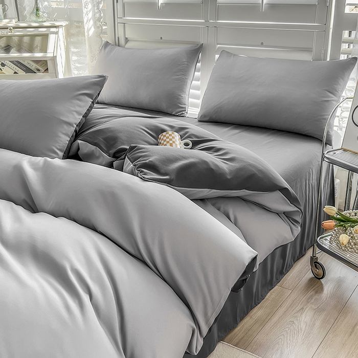 91家纺网 家纺一手货源 找家纺 啊雅家居 2025新款学生宿舍双拼磨毛被套床单床笠单品三件套四件套 浅灰加深灰