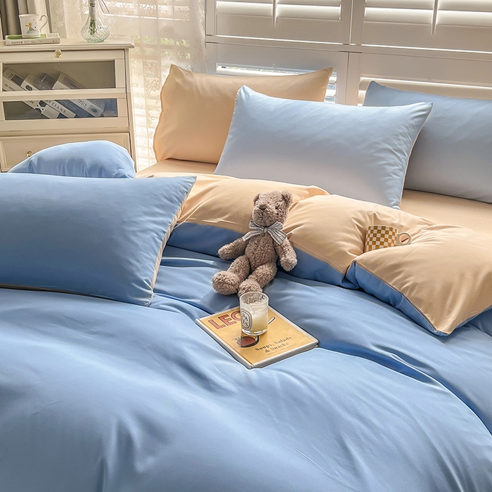 91家纺网 家纺一手货源 找家纺 啊雅家居 2025新款学生宿舍双拼磨毛被套床单床笠单品三件套四件套 天空兰加黄