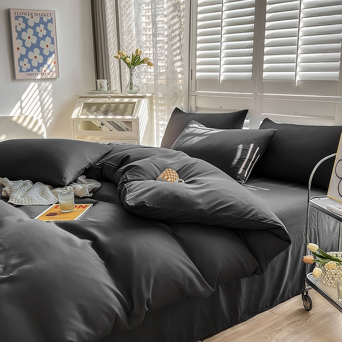91家纺网 家纺一手货源 找家纺 啊雅家居 2025新款学生宿舍双拼磨毛被套床单床笠单品三件套四件套 深灰