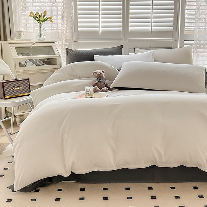 91家纺网 家纺一手货源 找家纺 啊雅家居 2025新款学生宿舍双拼磨毛被套床单床笠单品三件套四件套 米白加深灰