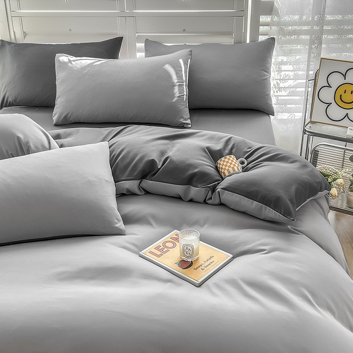 91家纺网 家纺一手货源 找家纺 啊雅家居 2025新款学生宿舍双拼磨毛被套床单床笠单品三件套四件套 浅灰加深灰