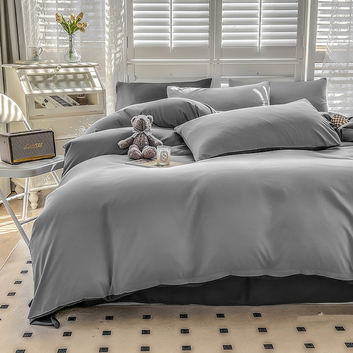 91家纺网 家纺一手货源 找家纺 啊雅家居 2025新款学生宿舍双拼磨毛被套床单床笠单品三件套四件套 浅灰加深灰
