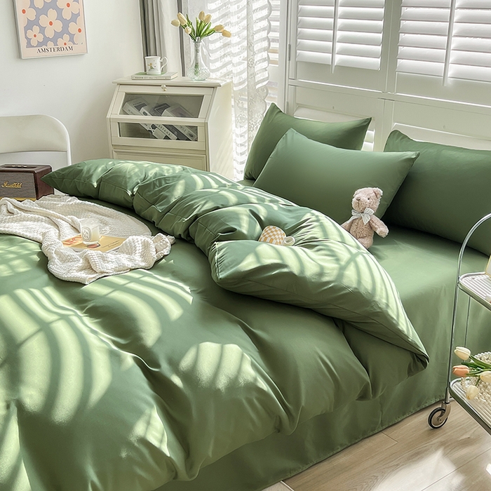 91家纺网 家纺一手货源 找家纺 啊雅家居 2025新款学生宿舍双拼磨毛被套床单床笠单品三件套四件套 草绿