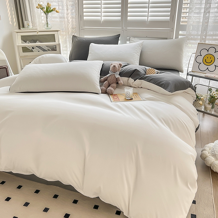 91家纺网 家纺一手货源 找家纺 啊雅家居 2025新款学生宿舍双拼磨毛被套床单床笠单品三件套四件套 米白加深灰