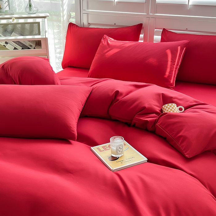 91家纺网 家纺一手货源 找家纺 啊雅家居 2025新款学生宿舍双拼磨毛被套床单床笠单品三件套四件套 红色