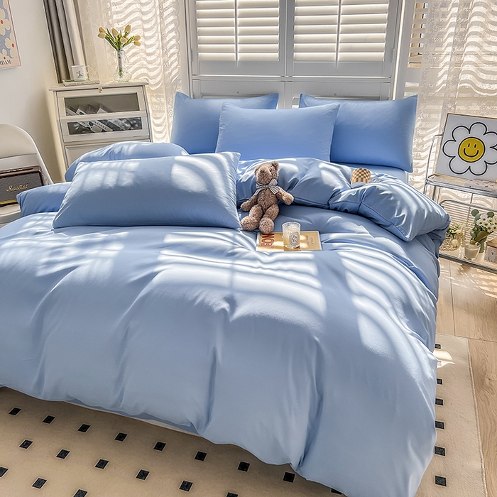 91家纺网 家纺一手货源 找家纺 啊雅家居 2025新款学生宿舍双拼磨毛被套床单床笠单品三件套四件套 天空兰