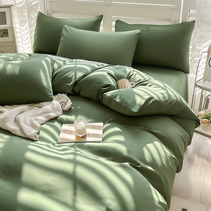 91家纺网 家纺一手货源 找家纺 啊雅家居 2025新款学生宿舍双拼磨毛被套床单床笠单品三件套四件套 草绿