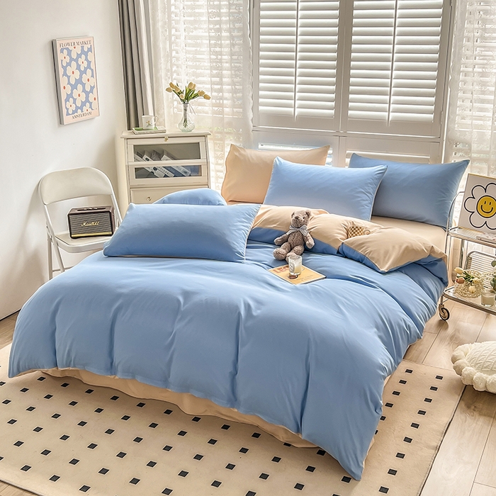 91家纺网 家纺一手货源 找家纺 啊雅家居 2025新款学生宿舍双拼磨毛被套床单床笠单品三件套四件套 天空兰加黄