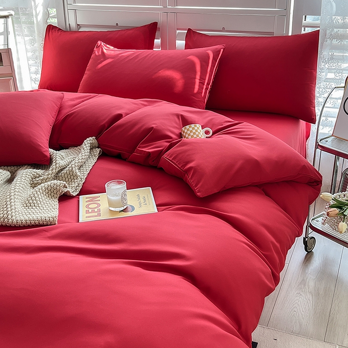 91家纺网 家纺一手货源 找家纺 啊雅家居 2025新款学生宿舍双拼磨毛被套床单床笠单品三件套四件套 红色