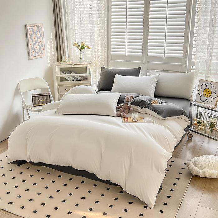 91家纺网 家纺一手货源 找家纺 啊雅家居 2025新款学生宿舍双拼磨毛被套床单床笠单品三件套四件套 米白加深灰