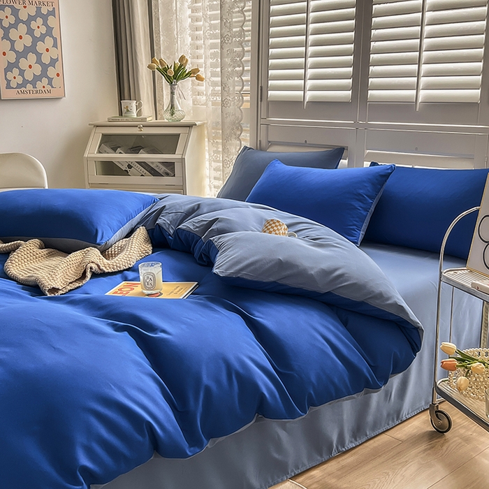 91家纺网 家纺一手货源 找家纺 啊雅家居 2025新款学生宿舍双拼磨毛被套床单床笠单品三件套四件套 克莱因蓝加浅蓝灰