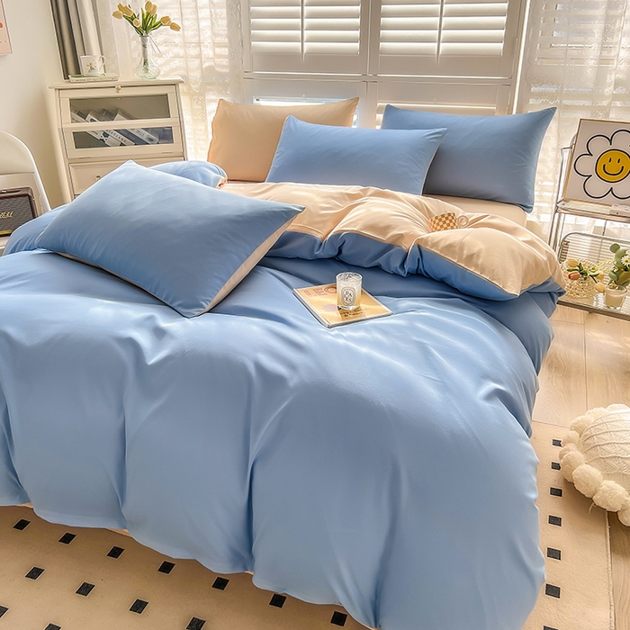 91家纺网 家纺一手货源 找家纺 啊雅家居 2025新款学生宿舍双拼磨毛被套床单床笠单品三件套四件套 天空兰加黄