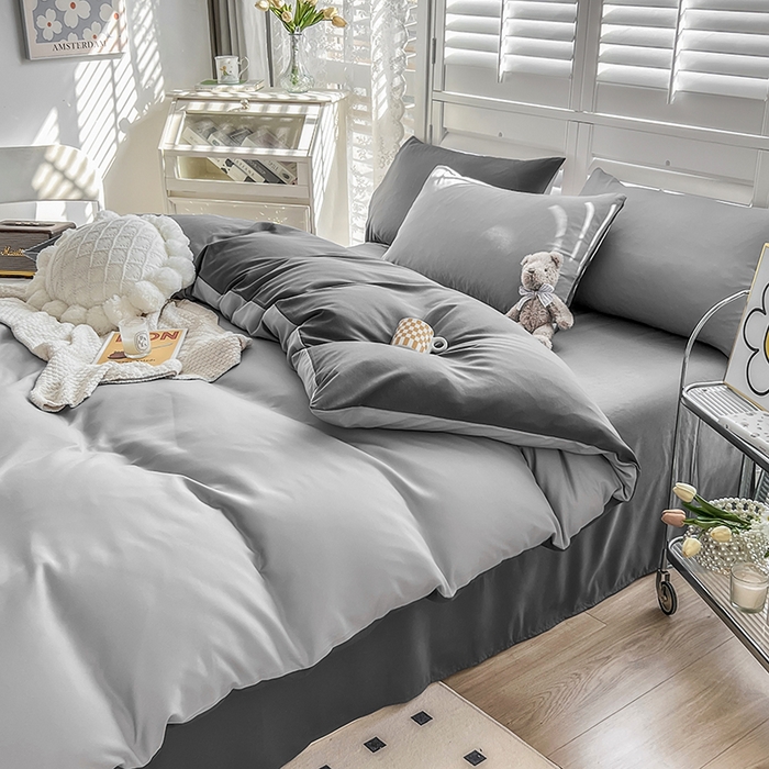 91家纺网 家纺一手货源 找家纺 啊雅家居 2025新款学生宿舍双拼磨毛被套床单床笠单品三件套四件套 浅灰加深灰
