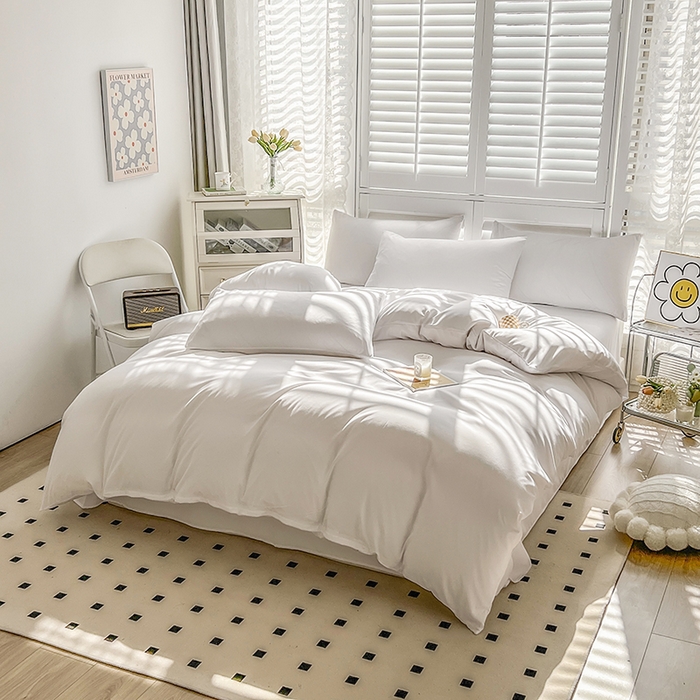 91家纺网 家纺一手货源 找家纺 啊雅家居 2025新款学生宿舍双拼磨毛被套床单床笠单品三件套四件套 白色