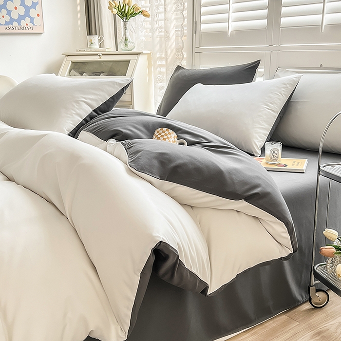 91家纺网 家纺一手货源 找家纺 啊雅家居 2025新款学生宿舍双拼磨毛被套床单床笠单品三件套四件套 米白加深灰