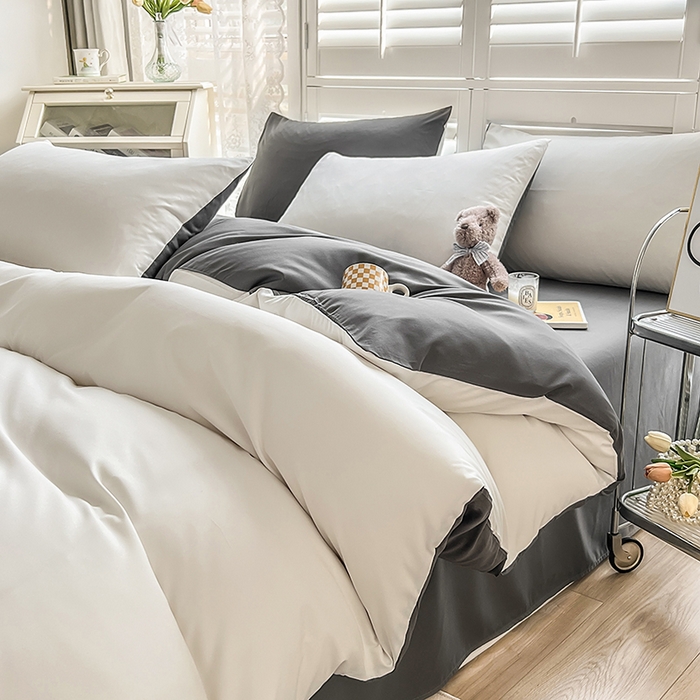 91家纺网 家纺一手货源 找家纺 啊雅家居 2025新款学生宿舍双拼磨毛被套床单床笠单品三件套四件套 米白加深灰