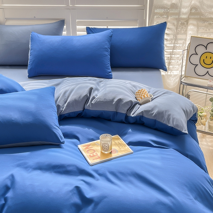 91家纺网 家纺一手货源 找家纺 啊雅家居 2025新款学生宿舍双拼磨毛被套床单床笠单品三件套四件套 克莱因蓝加浅蓝灰