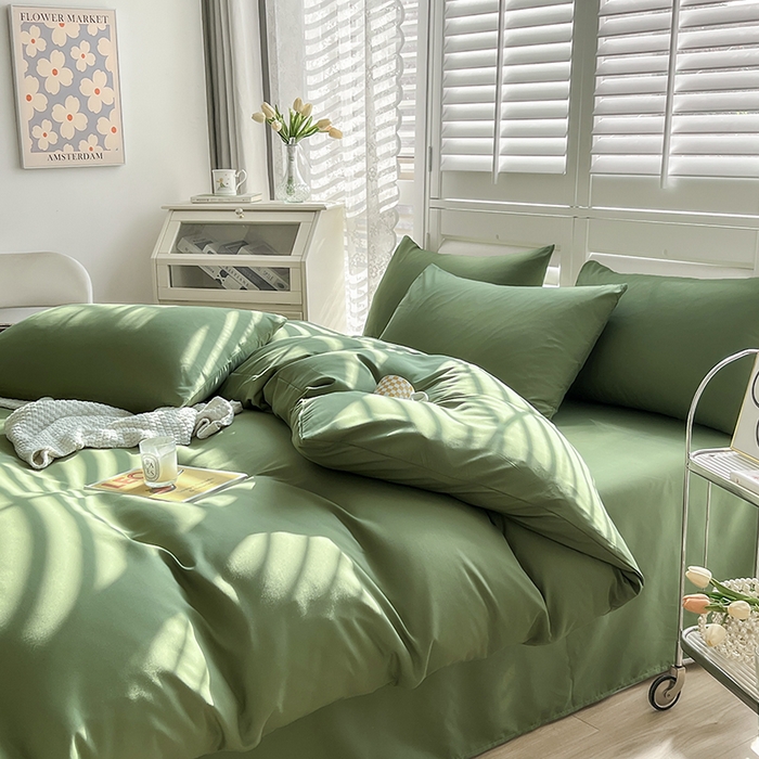 91家纺网 家纺一手货源 找家纺 啊雅家居 2025新款学生宿舍双拼磨毛被套床单床笠单品三件套四件套 草绿