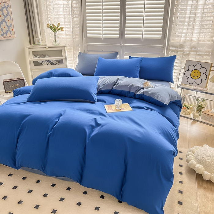 91家纺网 家纺一手货源 找家纺 啊雅家居 2025新款学生宿舍双拼磨毛被套床单床笠单品三件套四件套 克莱因蓝加浅蓝灰