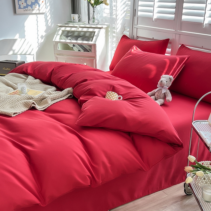 91家纺网 家纺一手货源 找家纺 啊雅家居 2025新款学生宿舍双拼磨毛被套床单床笠单品三件套四件套 红色