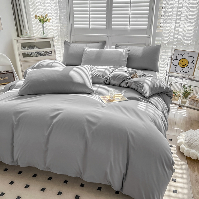 91家纺网 家纺一手货源 找家纺 啊雅家居 2025新款学生宿舍双拼磨毛被套床单床笠单品三件套四件套 浅灰