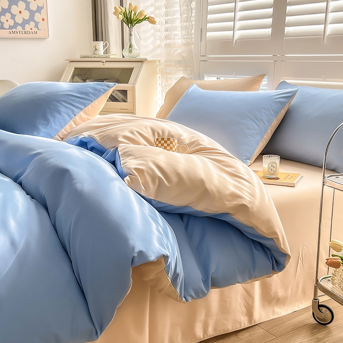 91家纺网 家纺一手货源 找家纺 啊雅家居 2025新款学生宿舍双拼磨毛被套床单床笠单品三件套四件套 天空兰加黄