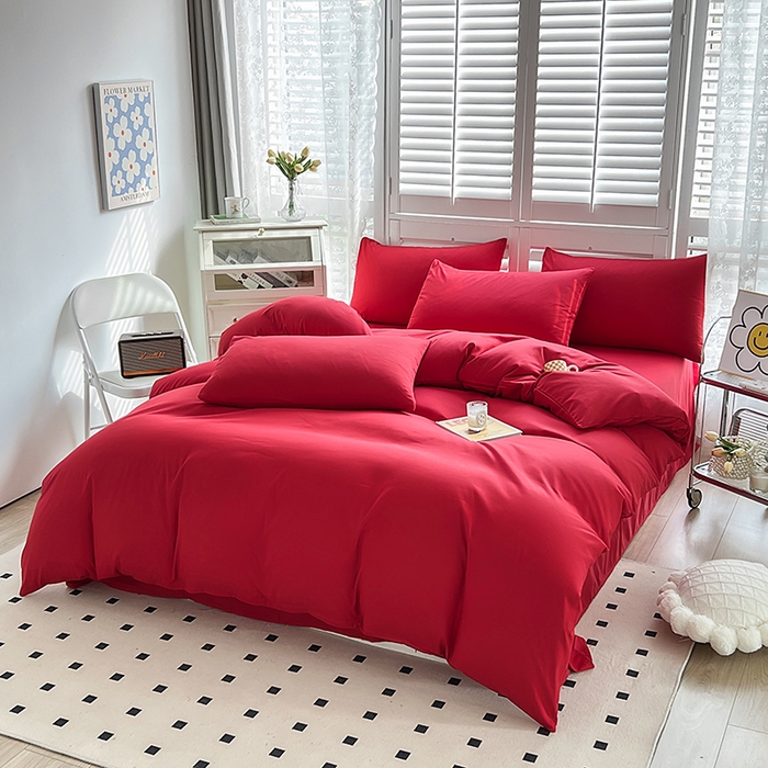 91家纺网 家纺一手货源 找家纺 啊雅家居 2025新款学生宿舍双拼磨毛被套床单床笠单品三件套四件套 红色