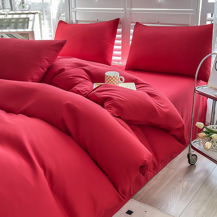 91家纺网 家纺一手货源 找家纺 啊雅家居 2025新款学生宿舍双拼磨毛被套床单床笠单品三件套四件套 红色