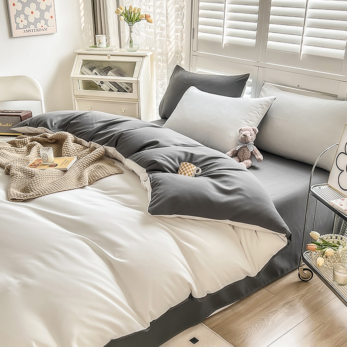 91家纺网 家纺一手货源 找家纺 啊雅家居 2025新款学生宿舍双拼磨毛被套床单床笠单品三件套四件套 米白加深灰