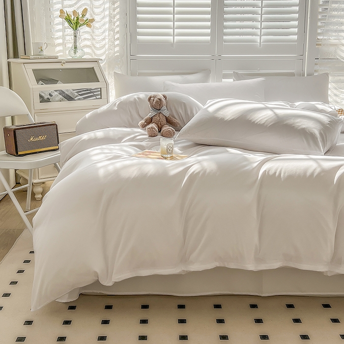 91家纺网 家纺一手货源 找家纺 啊雅家居 2025新款学生宿舍双拼磨毛被套床单床笠单品三件套四件套 白色