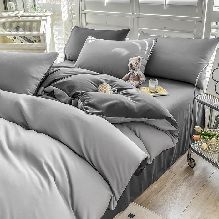 91家纺网 家纺一手货源 找家纺 啊雅家居 2025新款学生宿舍双拼磨毛被套床单床笠单品三件套四件套 浅灰加深灰