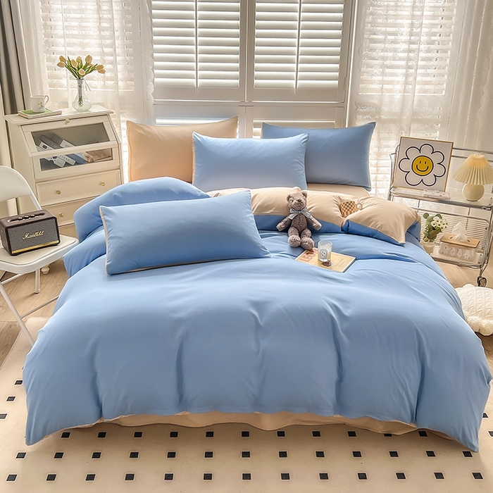 啊雅家居 2025新款学生宿舍双拼磨毛被套床单床笠单品三件套四件套 天空兰加黄