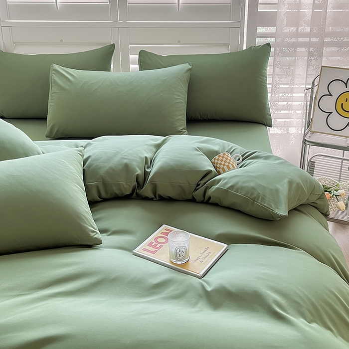 91家纺网 家纺一手货源 找家纺 啊雅家居 2025新款学生宿舍双拼磨毛被套床单床笠单品三件套四件套 草绿