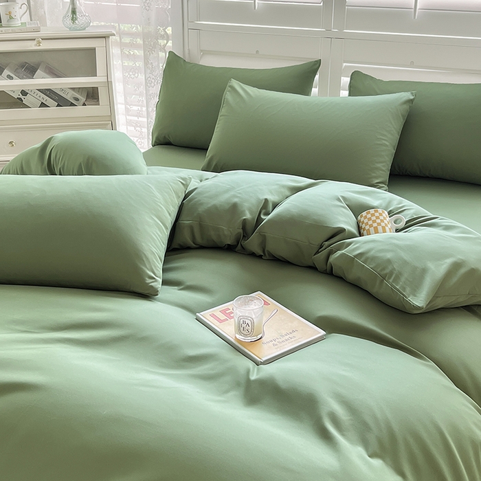 91家纺网 家纺一手货源 找家纺 啊雅家居 2025新款学生宿舍双拼磨毛被套床单床笠单品三件套四件套 草绿