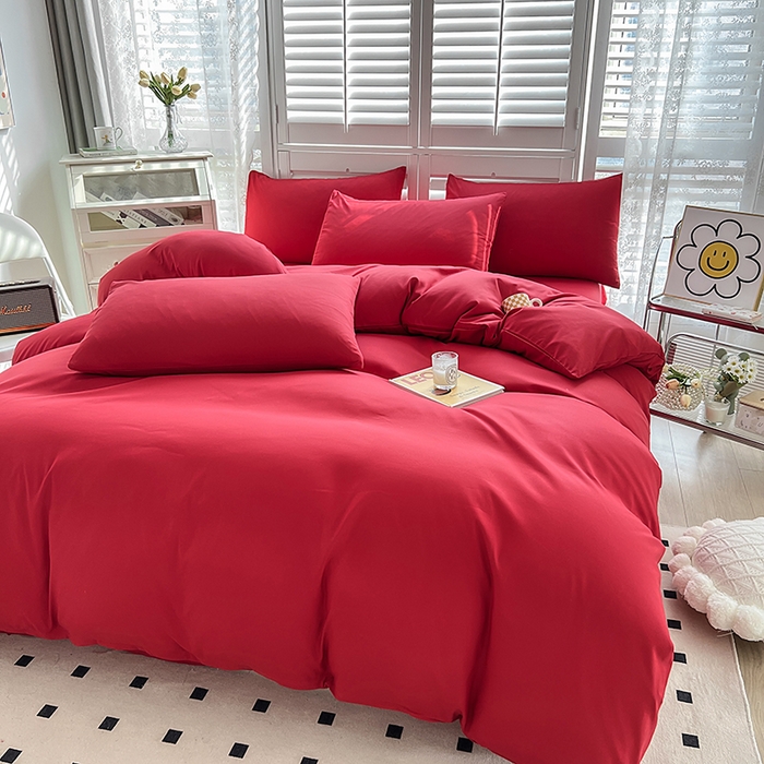 91家纺网 家纺一手货源 找家纺 啊雅家居 2025新款学生宿舍双拼磨毛被套床单床笠单品三件套四件套 红色