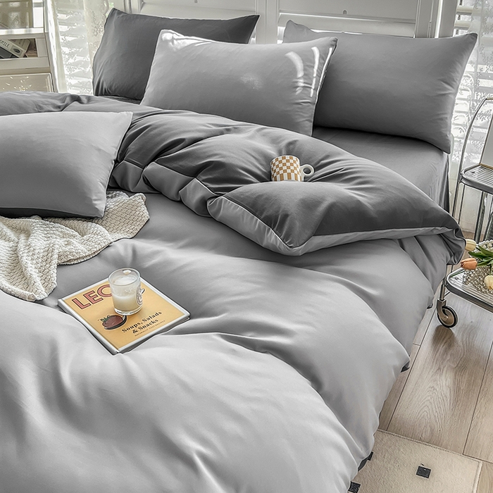 91家纺网 家纺一手货源 找家纺 啊雅家居 2025新款学生宿舍双拼磨毛被套床单床笠单品三件套四件套 浅灰加深灰