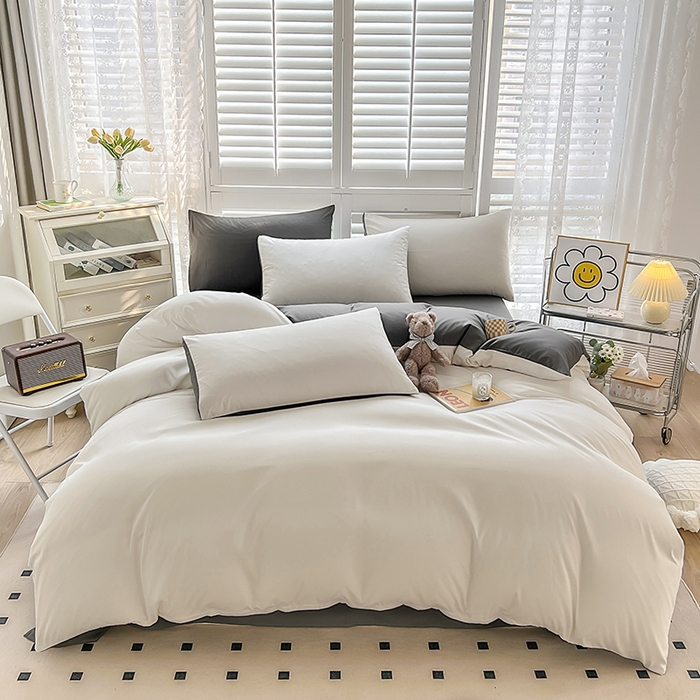 啊雅家居 2025新款学生宿舍双拼磨毛被套床单床笠单品三件套四件套 米白加深灰